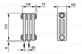 Схема (чертеж) Радиатор Zehnder Charleston 3037/3 №3470 Белый глянцевый RAL 9016